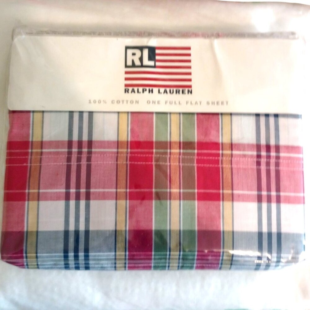 Ralph Lauren 100% Cotton Full Flat Sheet Sundek Plaid Red NIP